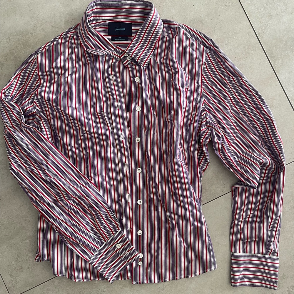 Women Thrifted XL Striped Red and Purple Button Down Long Sleeve